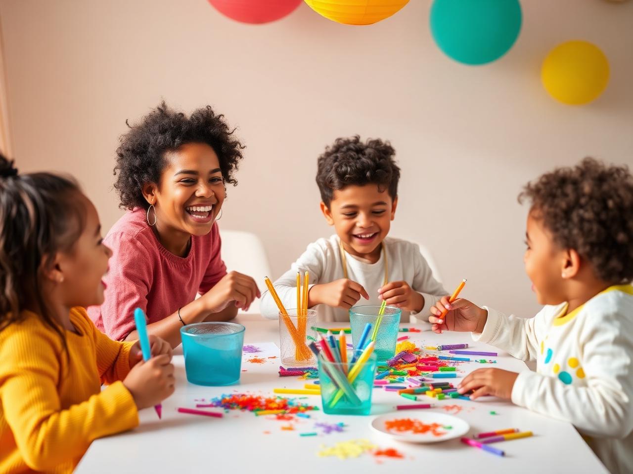 Children and a parent laughing while making colorful crafts